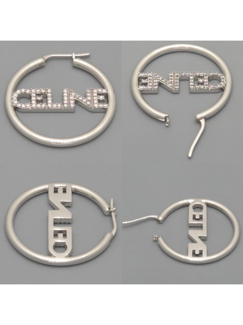 Celine Monochrome Strass Hoop Earrings Logo Crystal Rhodium Finish Brass Box - Picture 5 of 10